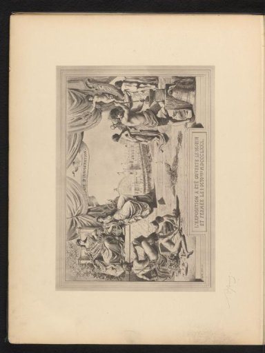 Reproduction of an engraving of men and women, with the National Exhibition of 1880 in Brussels in the background, by Armand Heins