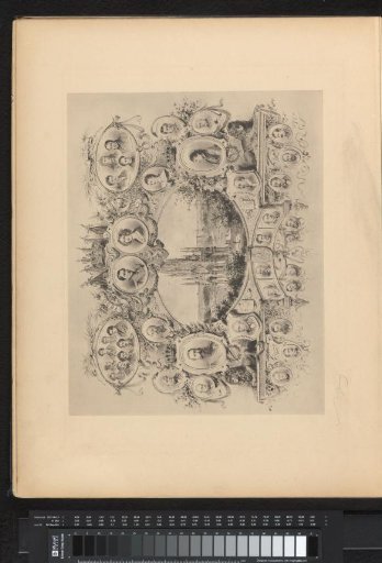 Reproduction of an engraving of the National Exhibition of 1880 in Brussels, surrounded by portraits of, among others, Leopold I and Leopold II of Belgium, by Armand Heins