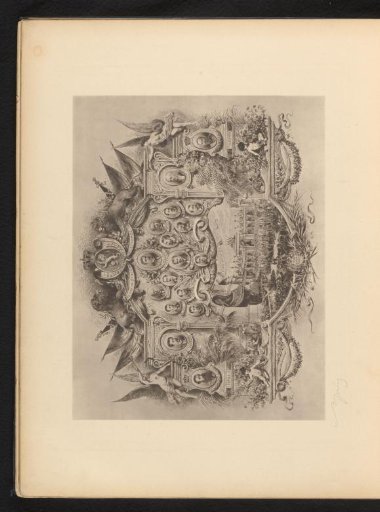 Reproduction of an engraving of the National Exhibition of 1880 in Brussels, surrounded by portraits of, among others, Leopold II and Philip of Belgium, by Armand Heins