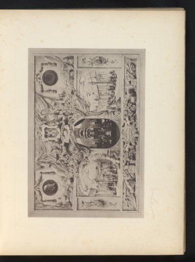 Reproduction of an engraving of the National Exhibition of 1880 in Brussels, surrounded by drawings and a portrait of Leopold II, by Armand Heins