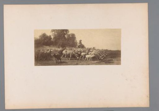 Photographic reproduction of a painting of a shepherd and a flock of sheep by Ch. Jacques