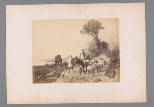 Photographic reproduction of a painting of two shepherds and a flock of sheep and cows by Constant Troyon