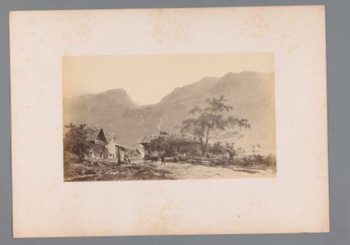Photographic reproduction of a landscape painting with a few houses by Ernest Slingeneyer