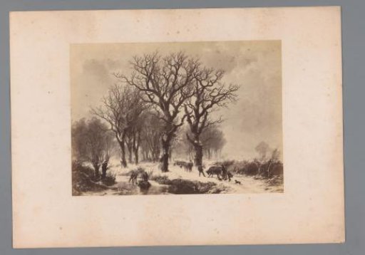 Photographic reproduction of a landscape painting with farmers driving cows by Eugène Verboekchoven