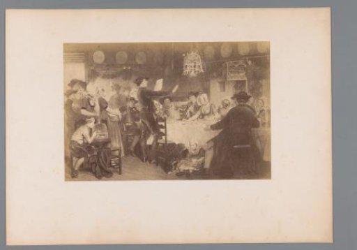 Photographic reproduction of a painting of a man reading a letter to a company at table by Fanny Geefs-Corr