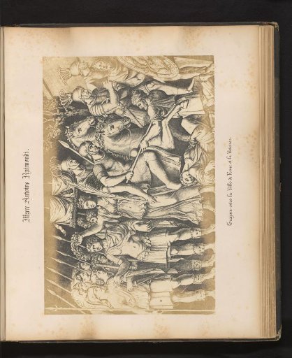 Photographic reproduction of an engraving of Trajanus between the city of Rome and Victory by Marcantonio Raimondi