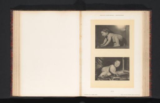 Two images of a nude child, crawling and reclining
