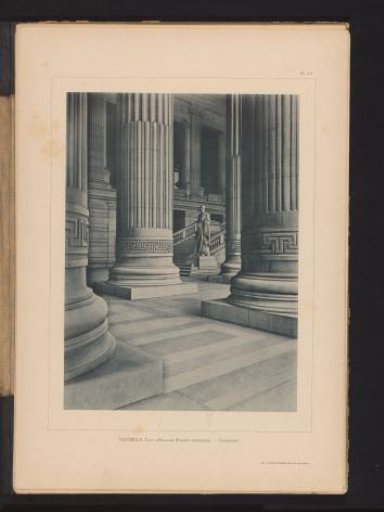 Grand staircase at the front of the Palace of Justice in Brussels, Belgium, seen from a colonnade