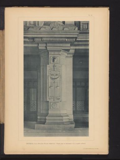 Pillar with a symbol of justice, at the front of the Palace of Justice in Brussels, Belgium