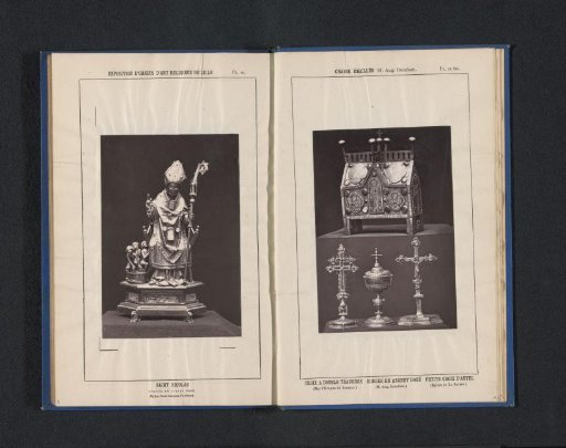 Views of a double cross, a pyxis, a chest, and an altar cross