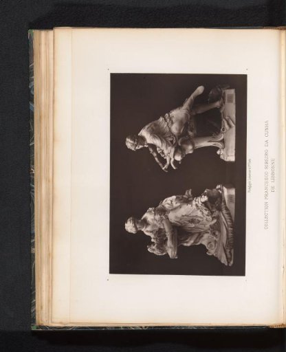 Two sculptures of a woman drinking tea and a violinist
