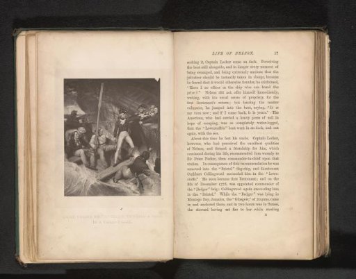 Photographic reproduction of a print of Horatio Nelson helping people in a storm at sea