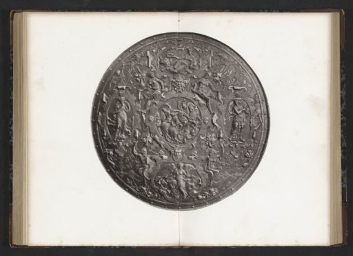 Shield decorated with relief depictions of allegories on glory, fame, strength, and prudence