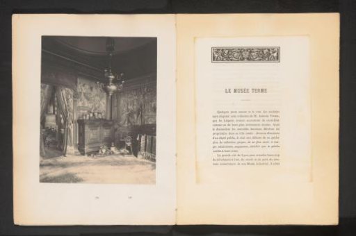 Room in the house of Antonin Terme with his collection of antiquities, a wooden spinning wheel, and a cabinet