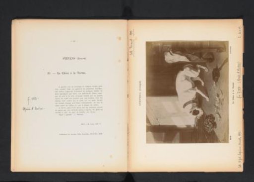 Photographic reproduction of a painting of a dog playing with a turtle by Joseph Stevens