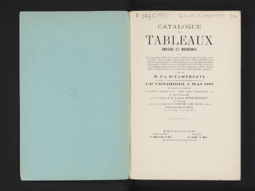 Catalogue of ancient and modern paintings by Bos (Jéronimus) ... Teniers (David), the younger) left by M. C.-J. Nieuwenhuys