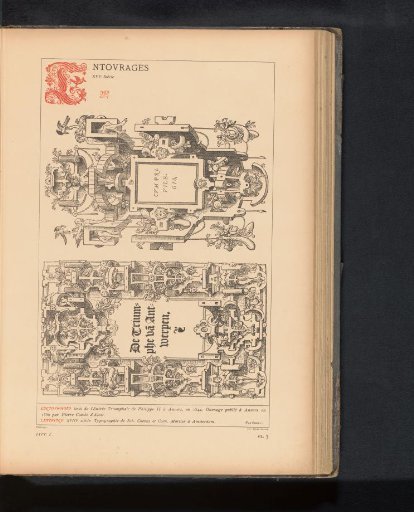 Reproduction of a print of two cartouches from title pages, published by Pieter Coecke van Aelst