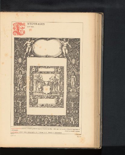 Reproduction of a print of a coat of arms with a cartouche surrounded by two borders with grotesque ornaments, by Theodor de Bry