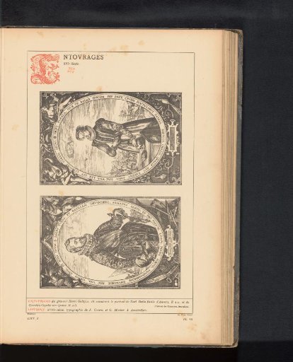 Reproduction of a print of a portrait of Jan de la Faille surrounded by grotesques and a print of a portrait of Cornelia van der Capelle surrounded by grotesques, by Hendrick Goltzius