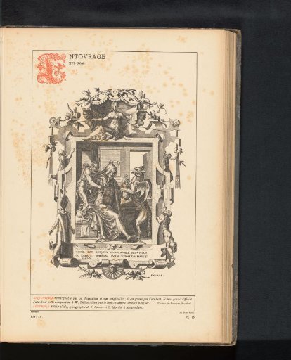 Reproduction of a print of a man and two mythical creatures with a decorated border by Dirck Volckertsz. Coornhert