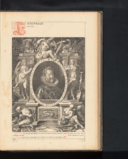 Reproduction of a print of a portrait of Emperor Rudolf II surrounded by Roman mythological figures by Aegidius Sadeler