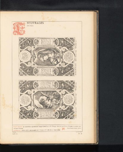 Reproduction of two prints of the angel Gabriel and of Mary surrounded by grotesques, by Johannes Wierix