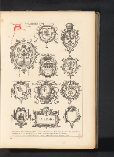 Reproduction of a design with eleven coats of arms by Georg Braun and Frans Hogenberg