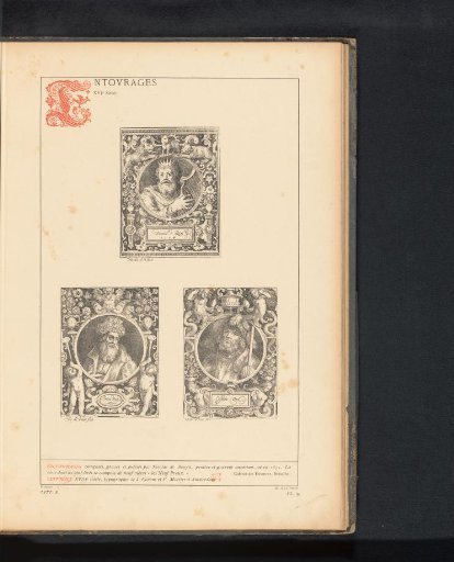 Reproduction of three prints of a portrait surrounded by grotesques by Nicolaes de Bruyn, depicting King David, King Arthur, and presumably Frederic Josue, Duke of Saxe-Coburg
