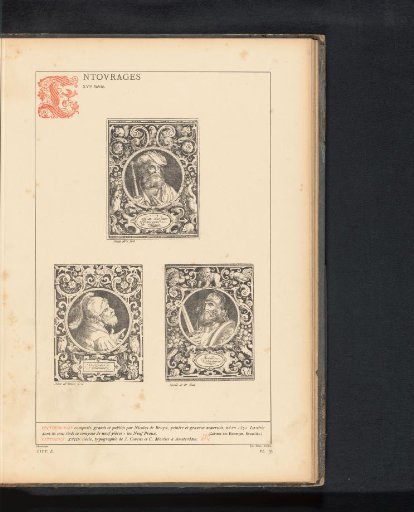 Reproduction of three prints of a portrait surrounded by grotesques by Nicolaes de Bruyn, depicting Charlemagne, Godfrey of Bouillon, and Judas Maccabaeus