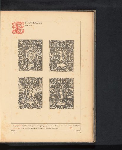 Reproduction of four prints of a portrait of a Roman emperor surrounded by grotesques by Hans Vredeman de Vries, depicting Claudius, Caligula, Galba, and Augustus