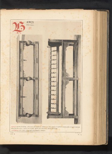 Two views of decorated wooden benches
