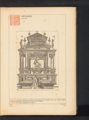Reproduction of a print of a fountain in the form of a Roman temple by Johannes or Lucas van Doetechum