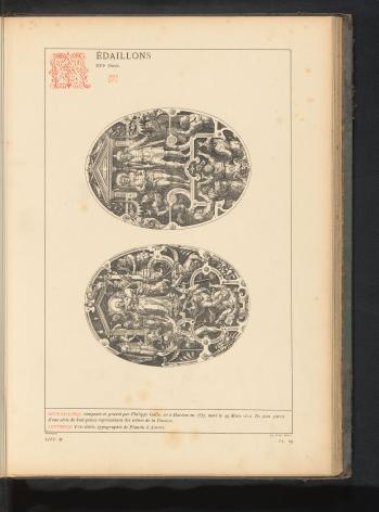 Reproduction of a print of two medallions with scenes from the life of Christ by Philips Galle