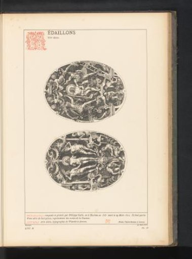 Reproduction of a print of two medallions with scenes from the life of Christ by Philips Galle