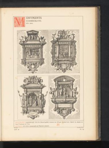 Reproduction of a print of four monuments with biblical scenes and putti, by Hieronymus Cock after Hans Vredeman de Vries