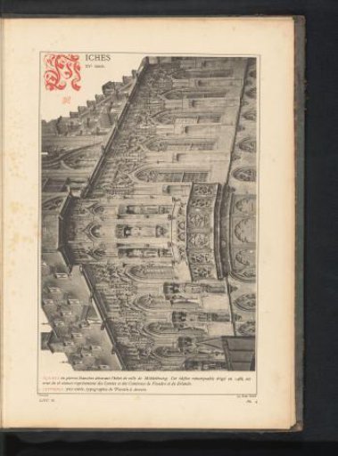 View of a corner of the town hall of Middelburg with statues in niches of counts and countesses of Flanders and Zeeland
