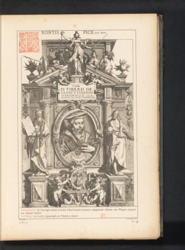 Reproduction of a title page with a portrait of an unknown man and allegorical figures by Raphaël Sadeler