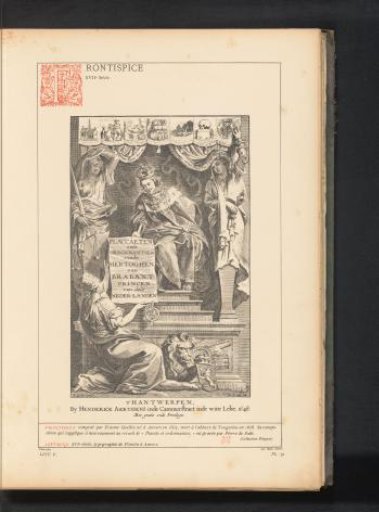 Reproduction of a title page with the Duke of Brabant on a throne by Pieter de Jode (I)
