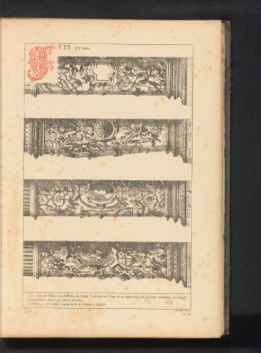 Reproduction of a print of four decorated shafts of pillars by Hans Vredeman de Vries