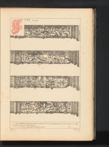 Reproduction of a print of four decorated shafts of pillars by Hans Vredeman de Vries