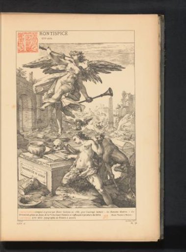Reproduction of a title page with Virtue attempting to produce heroes based on history, by Hendrick Hondius