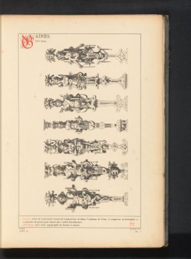 Reproduction of a print of seven decorated legs of furniture, representing the five architectural orders, by Hans Vredeman de Vries