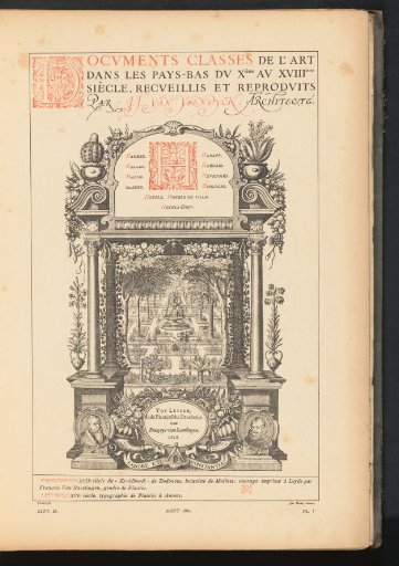 Reproduction of a title page of the Kruidboeck of Dodonaeus, with a view into a garden, a portrait of Rembertus Dodonaeus, and a portrait of Carolus Clusius