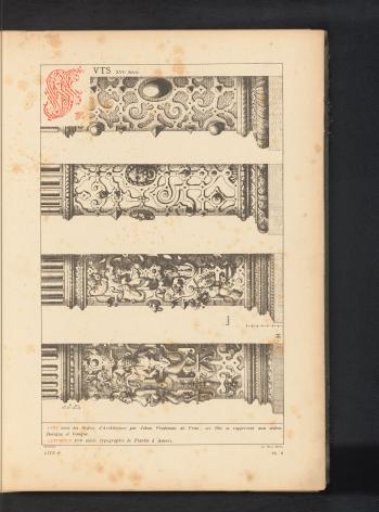Reproduction of a print of four decorated shafts of pillars by Hans Vredeman de Vries