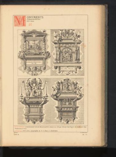 Reproduction of a print of four monuments with biblical scenes and putti, by Hieronymus Cock after Hans Vredeman de Vries