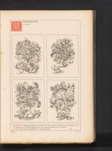 Reproduction of a print of ornaments with plants and flowers