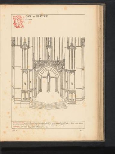 Reproduction of a print of the doors and towers of the Sint-Waltrudiskerk in Bergen