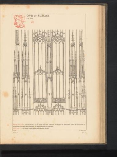Reproduction of a print of the windows and towers of the Sint-Waltrudiskerk in Bergen