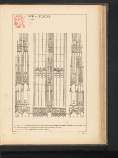 Reproduction of a print of the windows and towers of the Sint-Waltrudiskerk in Bergen