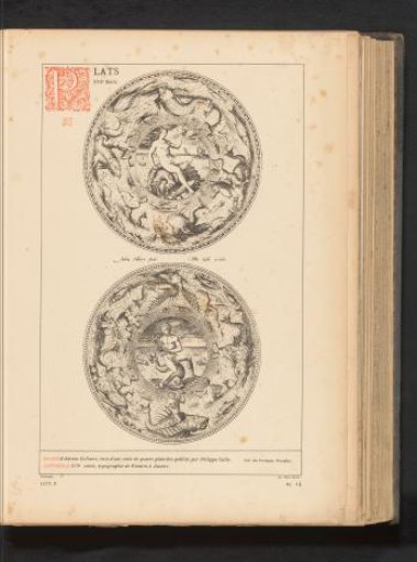 Reproduction of a print of two decorated plates with Arion and a Sea Goddess by Adriaen Collaert